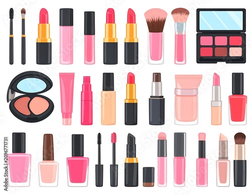 A colorful illustration of various makeup products arranged in rows on a white background