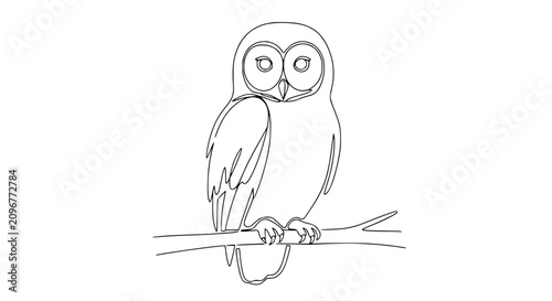 Minimalist single line drawing of an owl perched on a branch, simple and elegant black and white art.