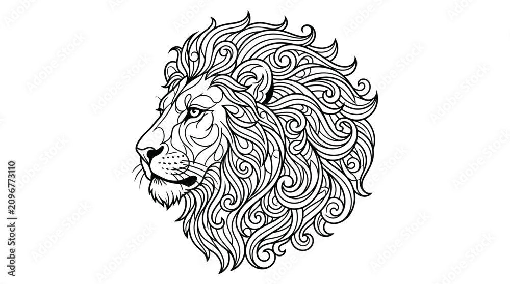Obraz premium Intricate lion head line art illustration with stylized swirling mane