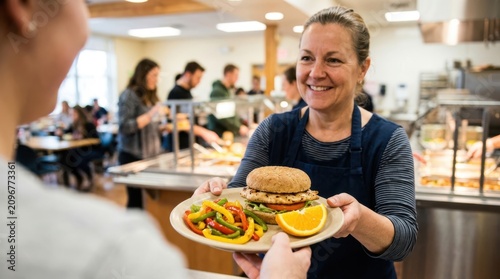 Friendly cafeteria worker serving a healthy lunch meal with a burger and fresh vegetables to a customer in a canteen