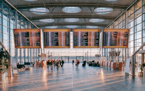Modern Airport Terminal Interior with Departure Boards and Travelers in Bright Natural Light