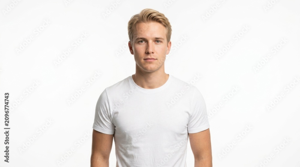 Obraz premium A handsome young blond man wearing a simple white t-shirt looking directly at the camera with a calm neutral face