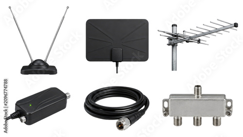 Various television antennas and accessories including indoor rabbit ears, flat HDTV panel, outdoor Yagi, power inserter, coax cable with F connector, and a three-way splitter
