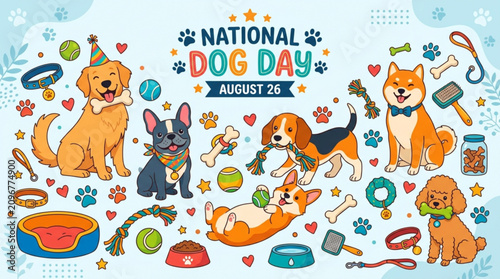 Illustration of cute dogs with accessories celebrating national dog day with collection cartoon dogs pet accessories blue background celebration