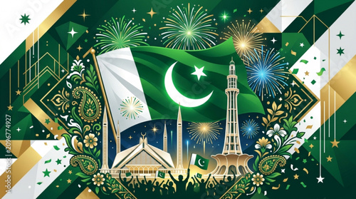 Green and gold festival celebration background with fireworks flag crescent moon mosque with displays festive composition