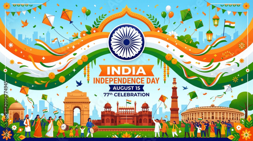 India independence day 77th celebration banner with monuments with colorful vector illustration celebrating near monuments people celebrating