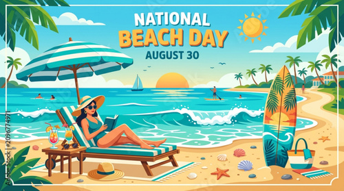 National beach day concept with woman relaxing on lounge chair reading a book under umbrella near turquoise ocean with illustration celebration