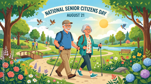Happy elderly couple hiking together in a vibrant park on national senior citizens day august 21st with banner celebrating national couple trekking