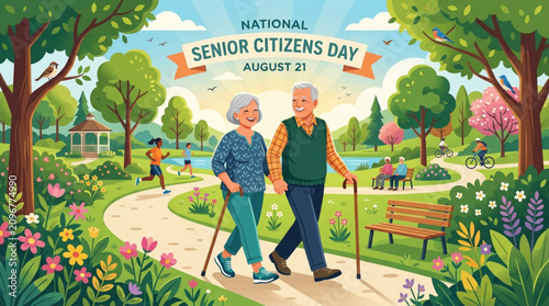 Happy elderly couple walking with canes in a park on national senior citizens day august 21 celebration with strolling walking sticks filled flowers trees