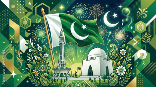 Vibrant green and gold cultural celebration graphic featuring a waving national flag historic monument fireworks with displays festive cultural