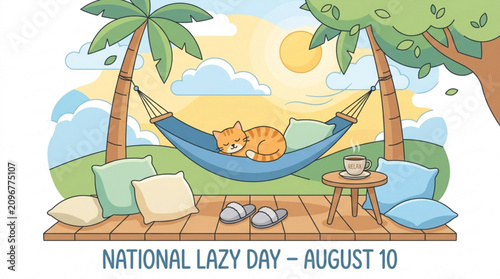 National lazy day august 10 illustration featuring a sleeping orange cat in a hammock with coffee and pillows on a deck with napping hammock