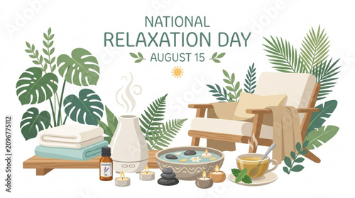 National relaxation day concept featuring spa elements essential oil diffuser candles and tropical plants in a cozy flat illustration style with displays serene spa setup towels