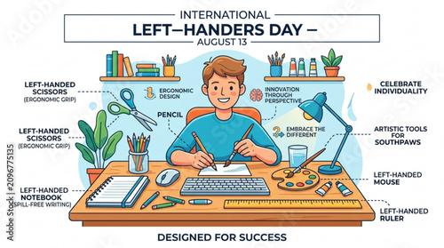Illustrated celebration of left handed tools and august 13 international left handers day with celebrating uniqueness specialized depicts cheerful individual