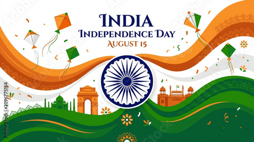 India independence day background design with tricolor flag waves kites with illustration featuring tricolor vibrant indian independence kites national monuments
