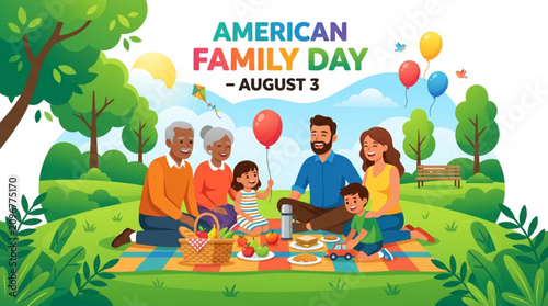 Diverse multigenerational family group enjoying a sunny picnic in a green park with balloons kite food basket and text celebrating family day