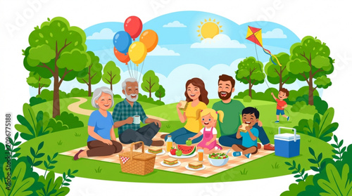A happy multi generational family enjoys a sunny picnic in a park with grandparents parents with balloons child flying family having illustration