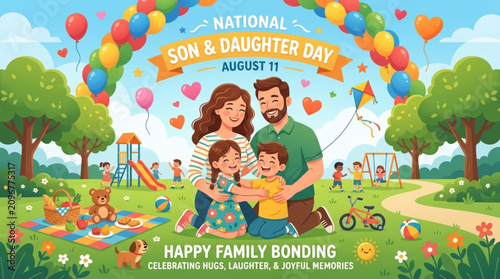 National son and daughter day family reunion celebration concept happy parents with children playing in park with surrounded colorful balloons