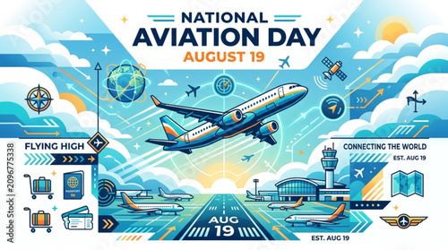 National aviation day illustration featuring airplanes airport terminal and travel icons in a colorful design with vibrant graphic illustration celebrating aviation airplanes
