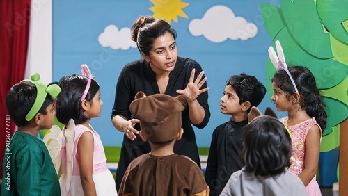 Dedicated Female Teacher Directing Group of Diverse Preschool Children in Animal Costumes During School Play