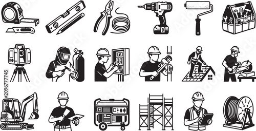 Construction and renovation tool icon collection with hard hat, power tools
