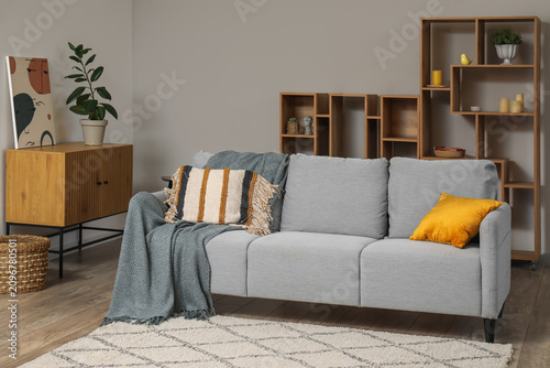 Cozy grey sofa with chest o...