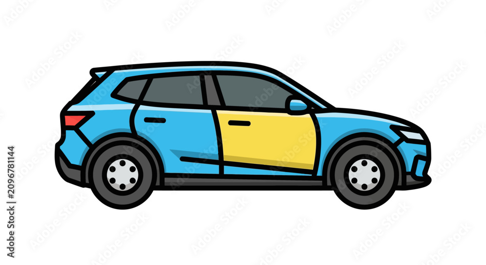 Naklejka premium Blue SUV with yellow door panel.