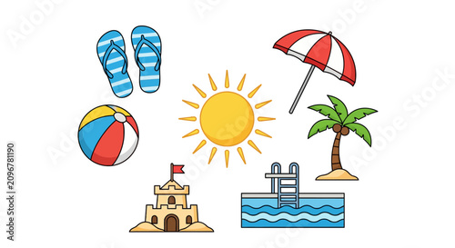 Beach Vacation Summer Holiday Icon Set.