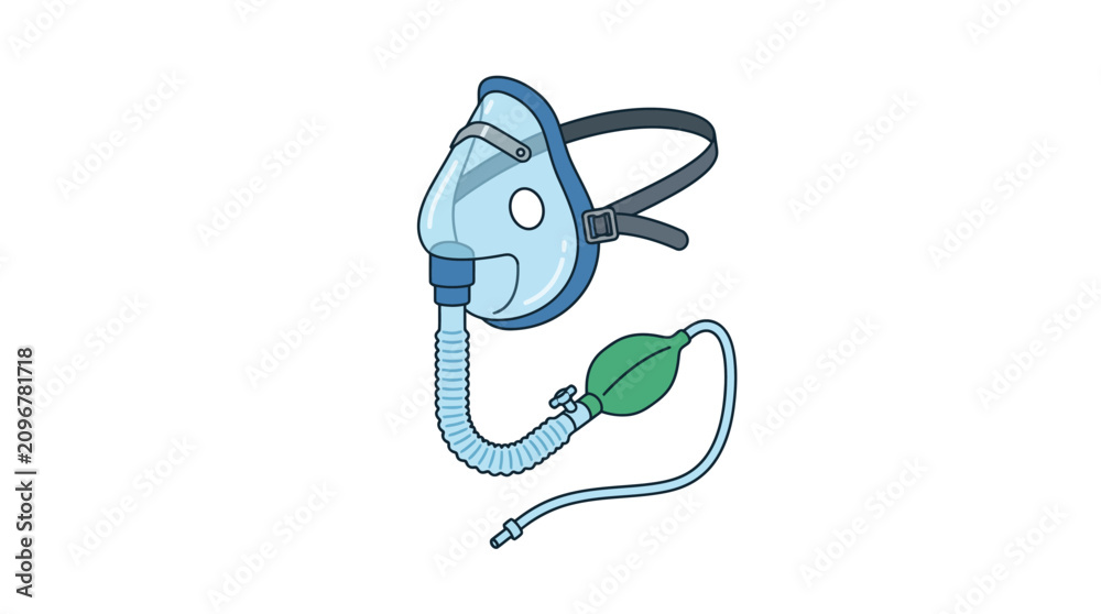 Obraz premium A person uses an oxygen mask and green bag in a medical setting.