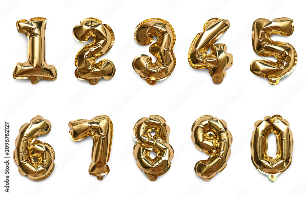 Fototapeta premium Shiny golden foil balloons forming numbers zero through nine for party decorations and anniversary celebrations, These metallic inflatable digits are perfect for celebrating birthdays, anniversaries