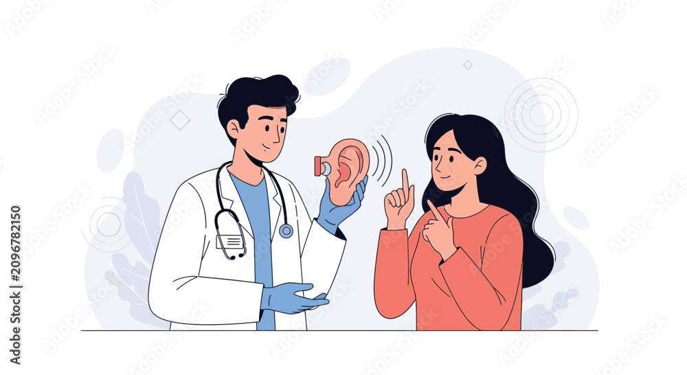 Fototapeta premium Doctor demonstrating a hearing aid to a patient, illustrating audiology and hearing health concepts.