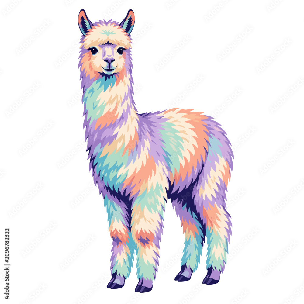 Fototapeta premium Vibrant Colorful Full Body Alpaca Illustration for Farm Wildlife and Cute Animal Design