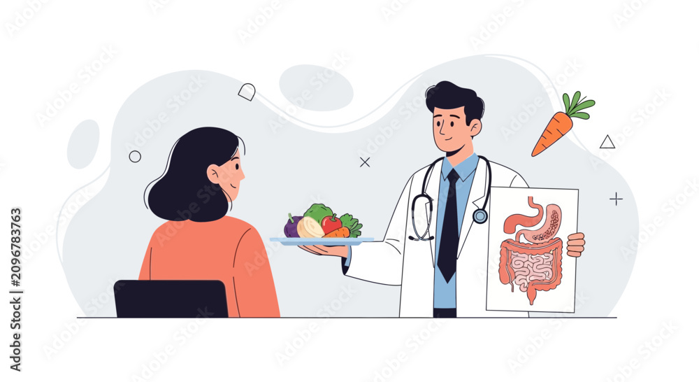 Fototapeta premium Doctor advising patient on healthy diet for digestive health, showing vegetables and anatomy illustration.