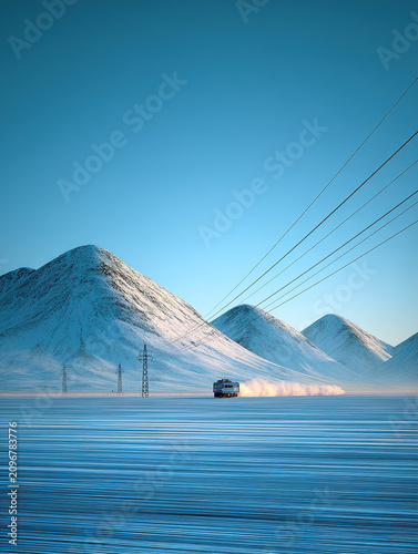 Lonely Train Crossing Snowy Plain Under Dramatic Snowy Mountains With Power Lines at Sunrise