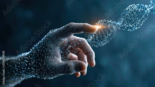Digital particle mesh palm touching DNA gene chain, abstract visuals for biotech AI big data transmission, futuristic tech backdrop for biomedical gene research