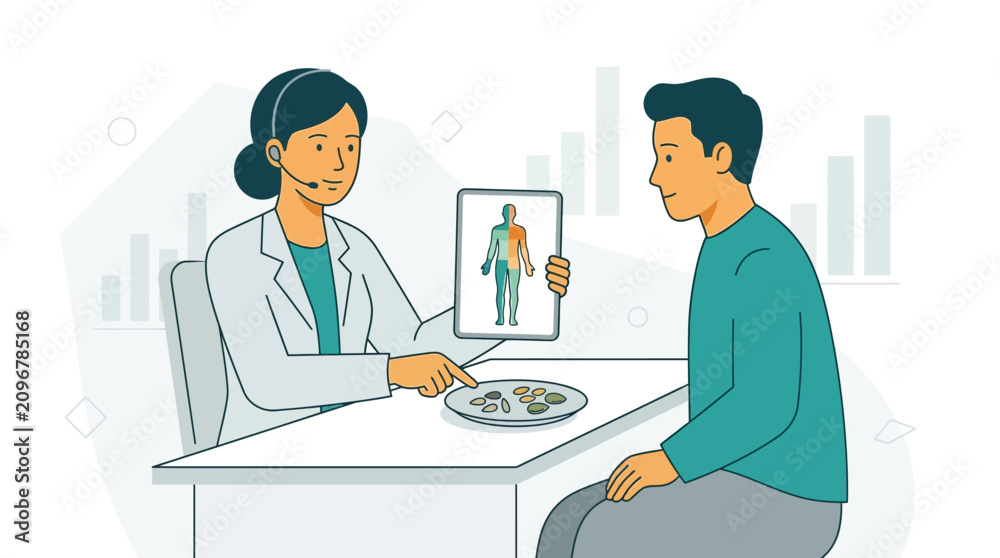 Obraz premium Dietitian Consults Patient, Explaining Nutrition Plan with Body Chart and Food Plate - Vector Illustration