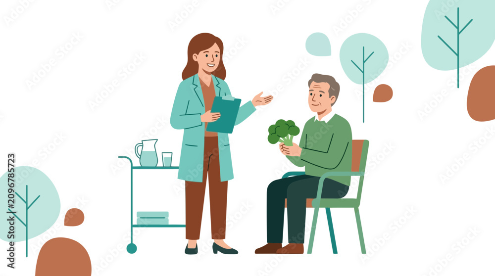 Fototapeta premium Dietitian Consulting with Patient About Healthy Eating and Nutrition, Holding Broccoli