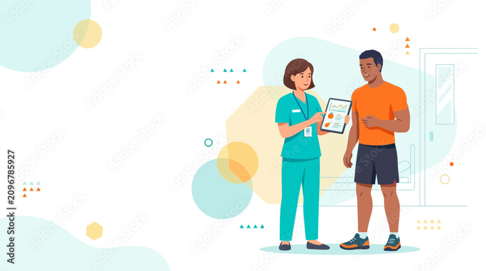 Fototapeta premium Dietitian Consults Athlete on Nutrition Plan With Tablet Showing Health Data and Graphs