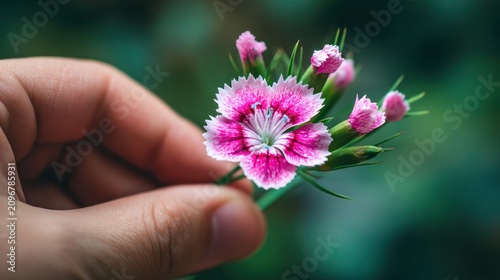 Delicate pink flower in hand