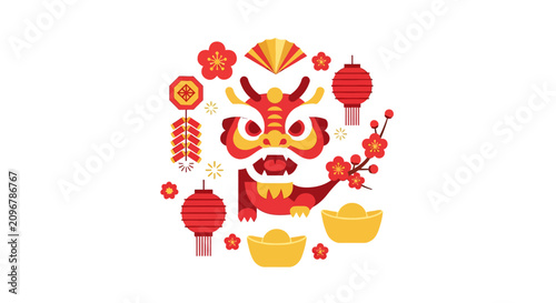 Chinese dragon head with decorations.