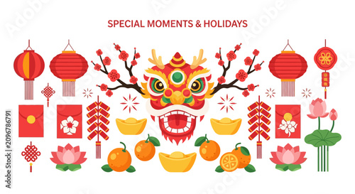 Chinese dragon head with festive decorations.
