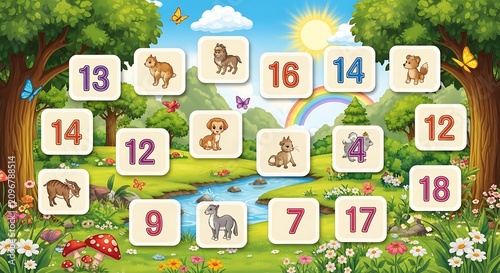A colorful illustration of a serene landscape with animals and numbers