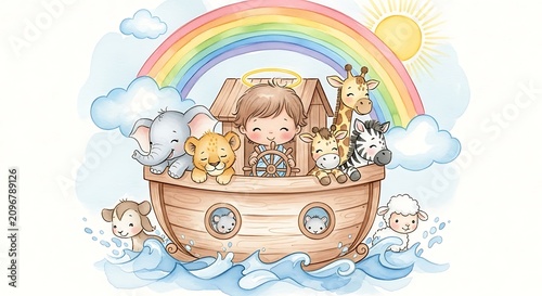 A colorful illustration of a smiling child on a boat with animals under a rainbow