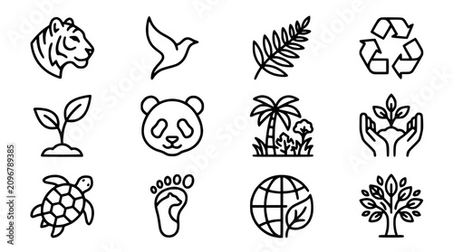 Cuadro en lienzo Nature and Environment Icons: Set of Line Art Symbols for Ecology and Conservati