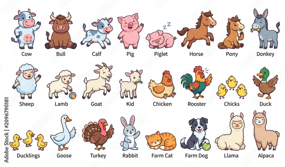 Fototapeta premium Colorful Farm Animal Bundle with Cute Cartoon Livestock Characters Flat Vector Collection