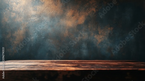 Dark wooden surface against textured wall backdrop