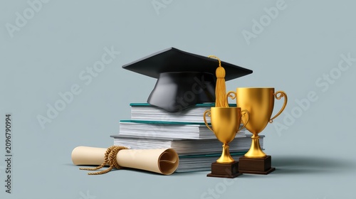 Graduation cap books and trophies