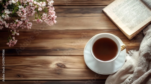 Cozy autumn scene tea, book, flowers, blanket