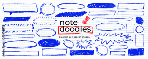 Blue ball pen text boxes, doodle rectangles and ovals for notes. Hand drawn school and notes doodle elements for emphasise text. Journal mark elements on checkered paper sheet bg. Png clip art shapes.