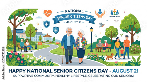 Illustrated celebration of national senior citizens day with supportive community with illustrations elderly individuals engaging community activities