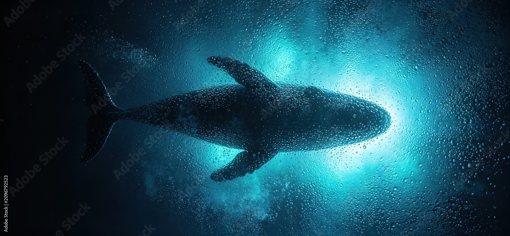 Fototapeta premium Glowing Blue Underwater Whale Silhouette Condensation Drops Glass Dark Cinematic 4K